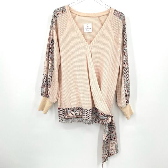 Faux wrap blouse M waffle knit patchwork side tie boho long sleeve cottage NEW - Picture 9 of 9